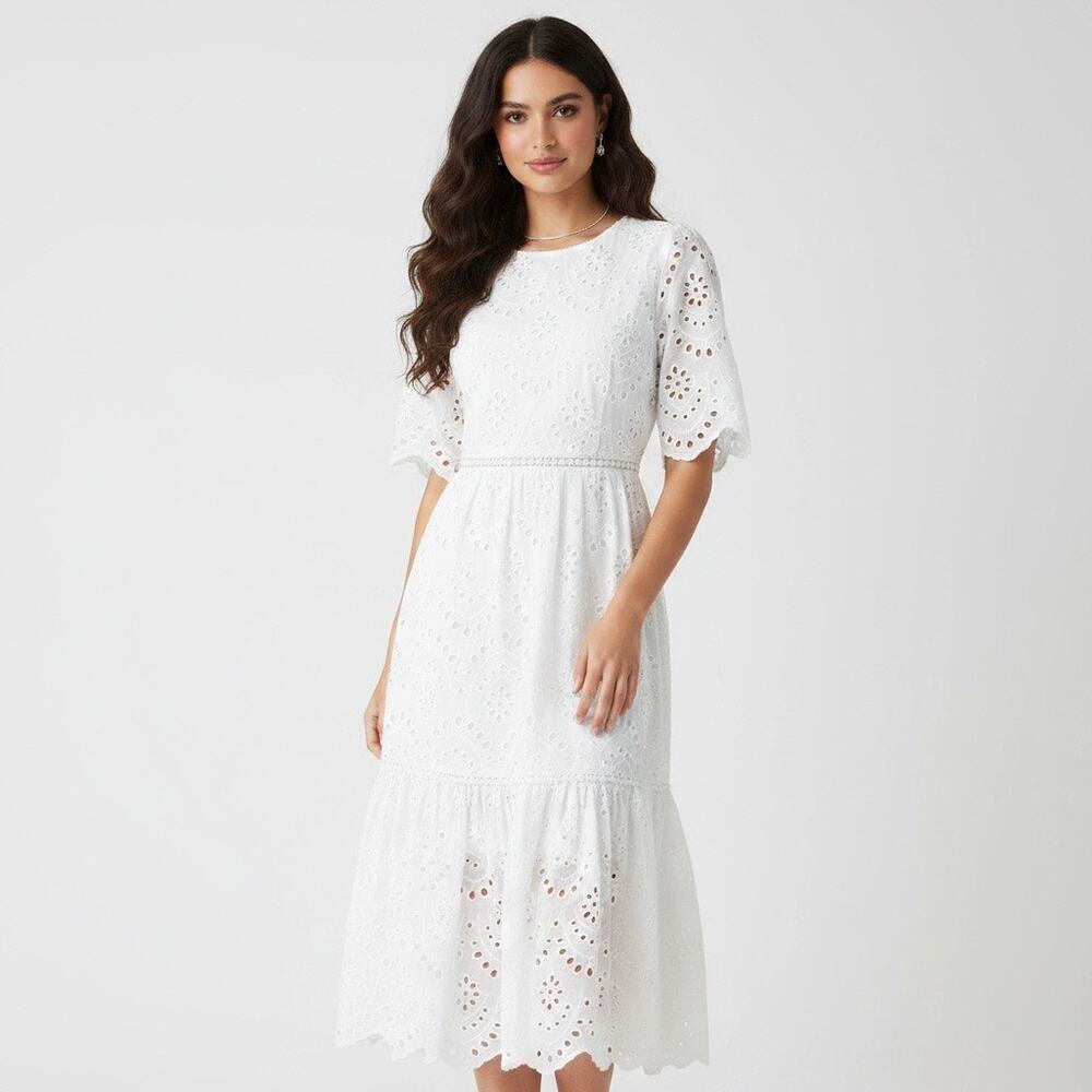 O.P.T. Anthropologie White Eyelet Mid Sleeve Midi Dress Medium Coquette Cottage